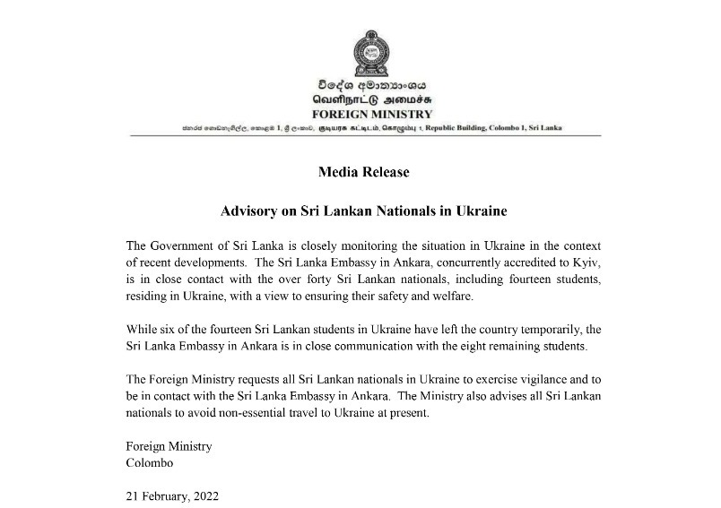 Advisory on Sri Lankan Nationals in Ukraine