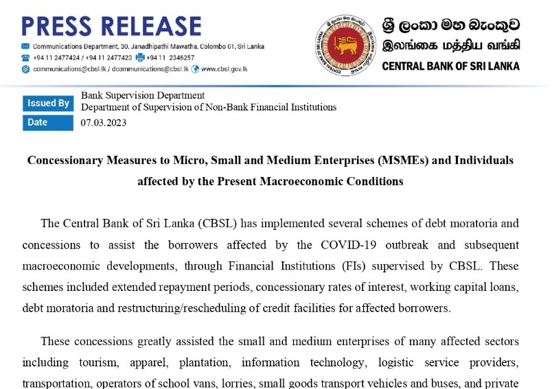 Concessionary Measures to Micro, Small and Medium Enterprises (MSMEs) and Individuals affected by the Present Macroeconomic Conditions