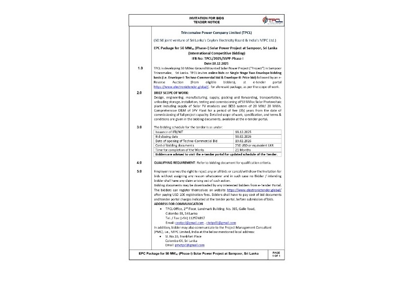 Invitation for Bids (IFB) - Trincomalee Power Company Limited EPC Package for 50MWac (Phase-I) Solar Power Project at Sampoor, Sri Lanka