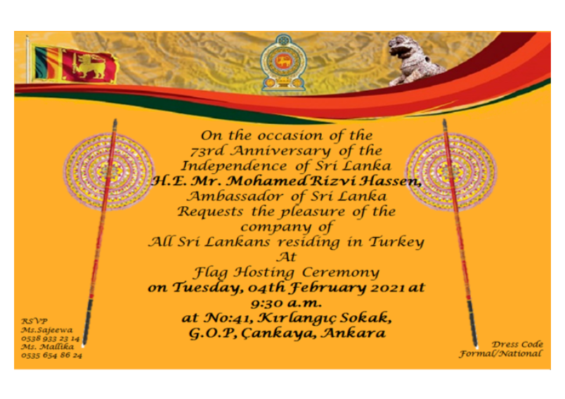Invitation to Flag Hoisting Ceremony on the Occasion of the 73rd Anniversary of the Independence of Sri Lanka
