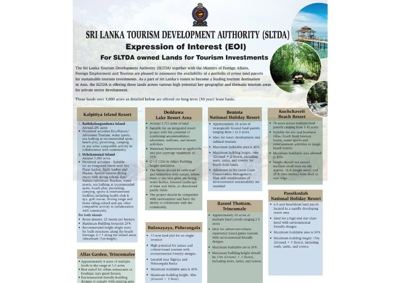 Sri Lanka Tourism Development Authority Opens Up Lands for Potential Foreign Investors