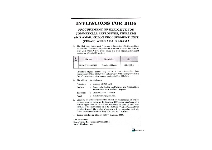Invitation for Bids (IFB) – Commercial Explosives, Firearms and Ammunition Procurement Unit (CEFAP Unit) of Sri Lanka Navy