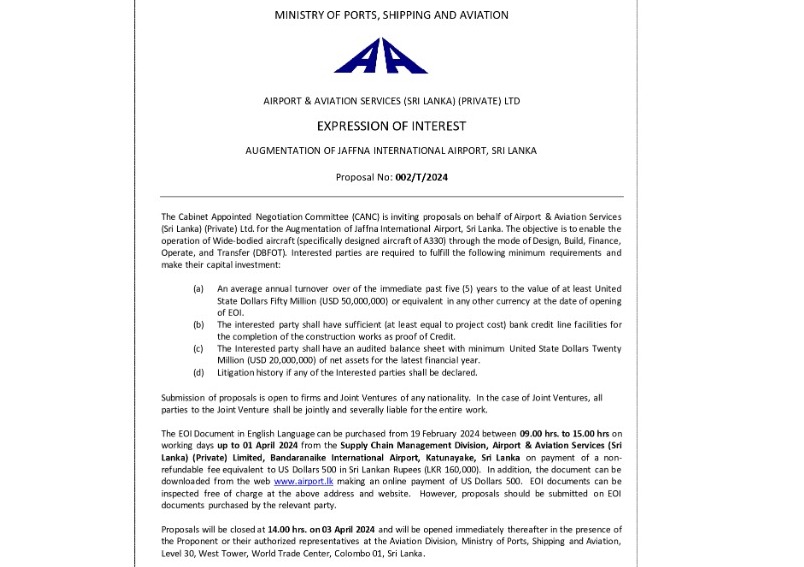 Expression of Interest - Ministry of Ports, Shipping & Aviation Augmentation of Jaffna International Airport, Sri Lanka