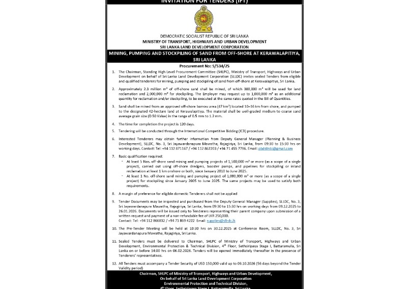 Invitation for Tenders (IFT) - Sri Lanka Land Development Corporation