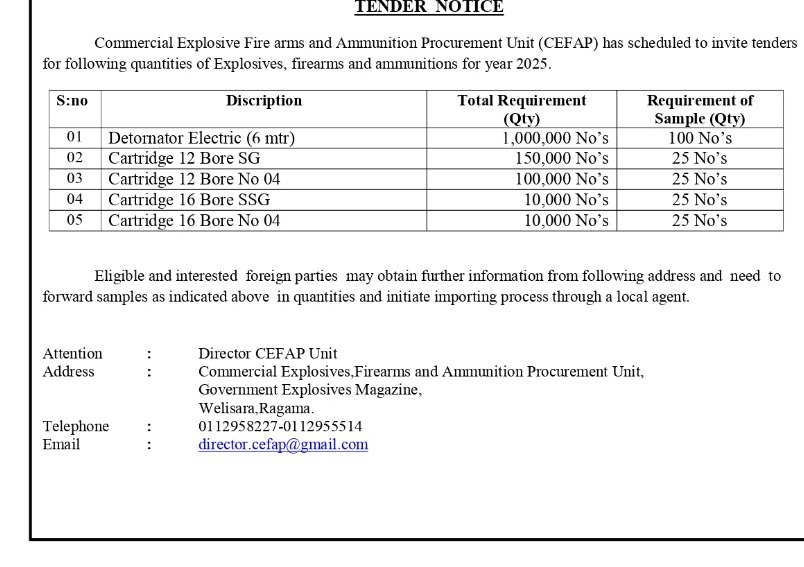Tender Notice - Commercial Explosive Fire Arms and Ammunition Procurement Unit (CEFAP)