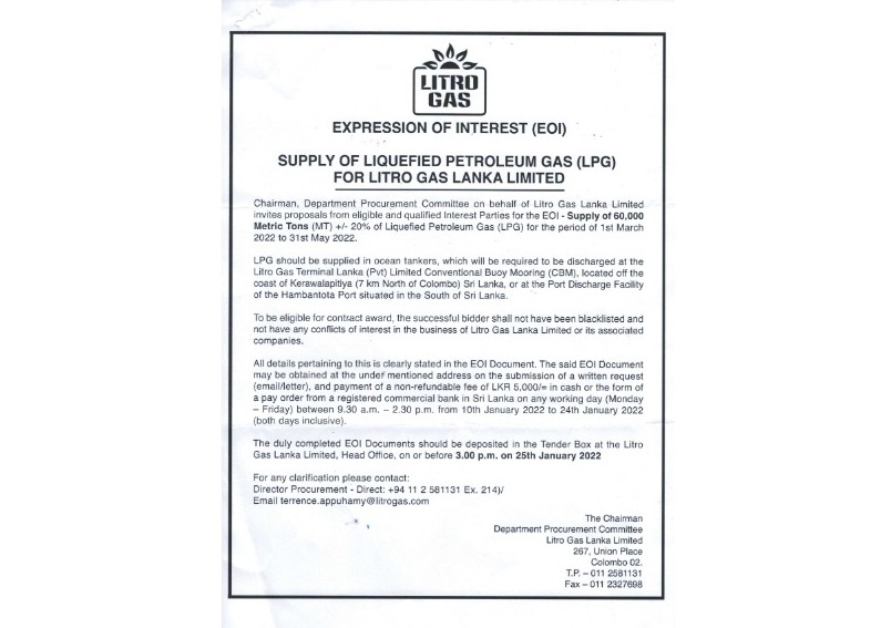 84 - Procurement Notice TENDER No. LGLL-LPG-001-ICB-2022 & Expression of Interest Litro Gas Lanka Limited