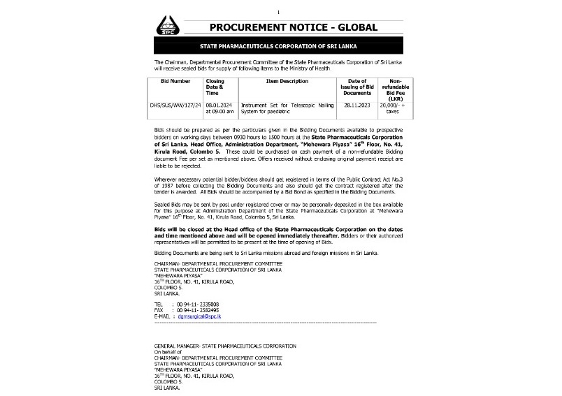 Procurement Notice - State Pharmaceuticals Corporation of Sri Lanka