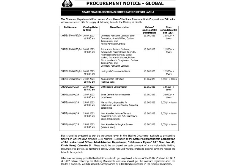 Procurement Notices - State Pharmaceuticals Corporation of Sri Lanka