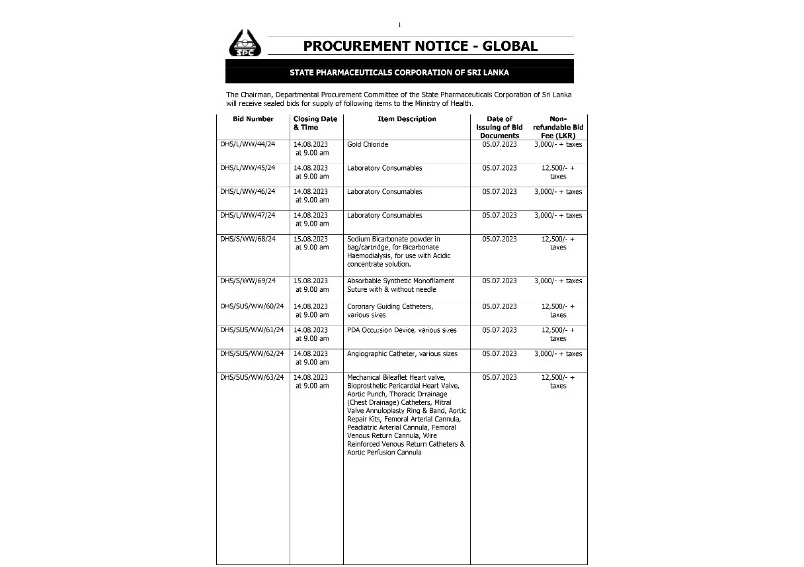 Procurement Notices - State Pharmaceuticals Corporation of Sri Lanka