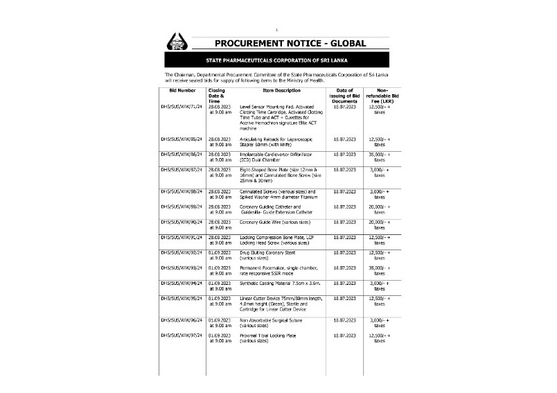 Procurement Notices - State Pharmaceuticals Corporation of Sri Lanka