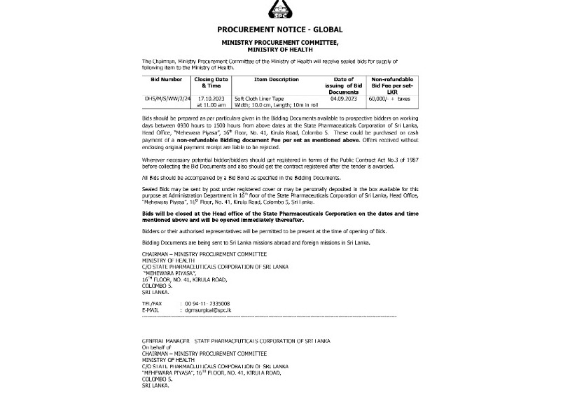 Procurement Notices - State Pharmaceuticals Corporation of Sri Lanka