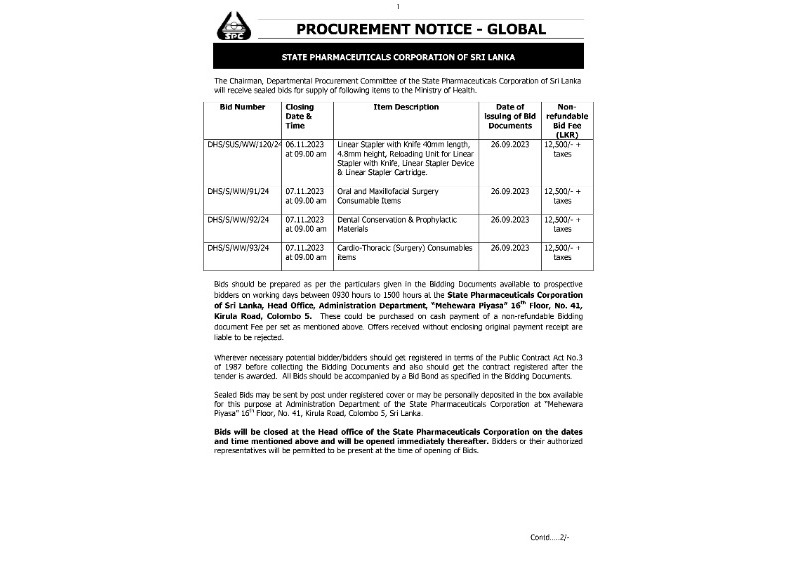 Procurement Notice - State Pharmaceuticals Corporation of Sri Lanka