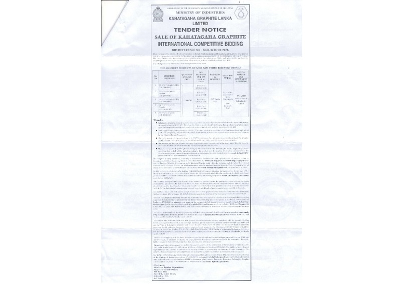 Tender Notice - Kahatagaha Graphite Lanka Ltd
