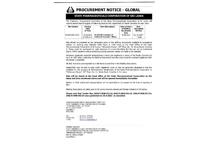 Procurement Notice - State Pharmaceuticals Corporation of Sri Lanka