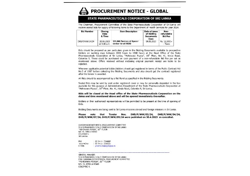 Procurement Notice - State Pharmaceuticals Corporation of Sri Lanka