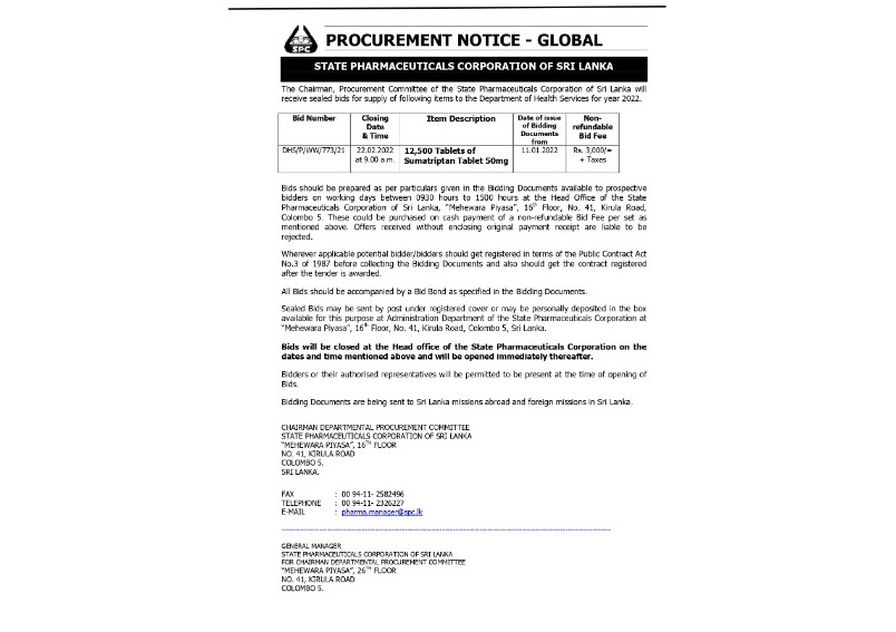 83 - Procurement Notice - State Pharmaceuticals Corporation of Sri Lanka