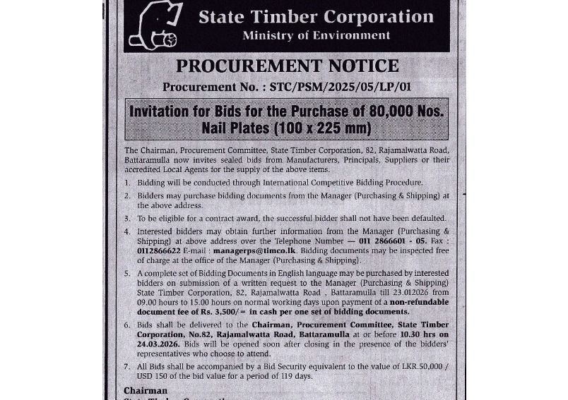 Invitation for Bids - State Timber Corporation Invitation for the Procurement of 80,000Nos. of Nail Plates (100mm×225mm) Procurement No. : STC/PSM/2025/05/LP/01