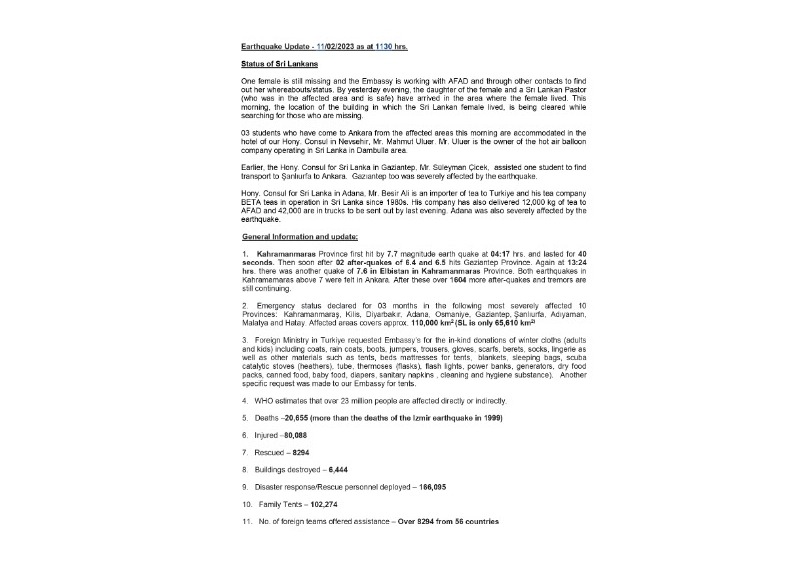 Earthquake Update & status of Sri Lnkans as at1130 hrs of  11 February 2023 .