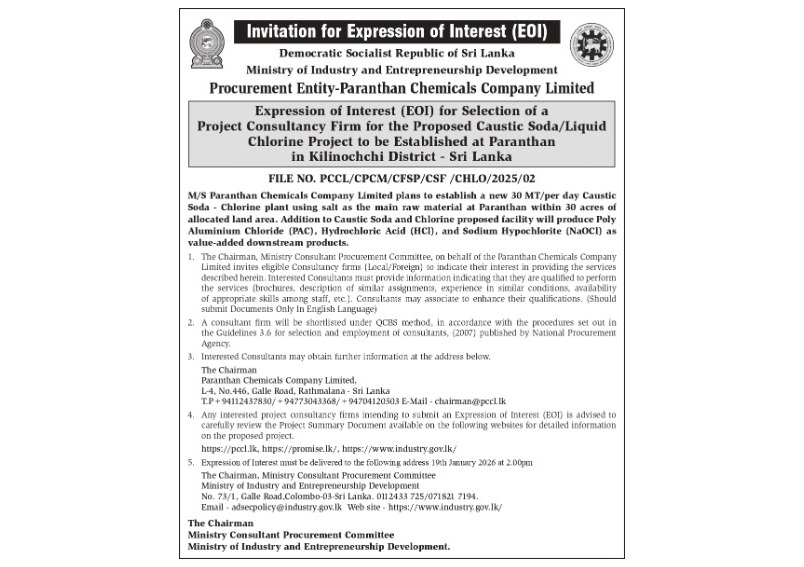 Expression of Interest (EOI) for Selection of a Project Consultancy Firm for the Proposed Caustic Soda/Liquid Chlorine Project to be Established at Paranthan in Kilinochchi District