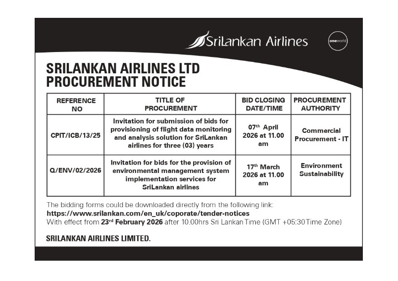 Procurement Notice - SriLankan Airlines Ltd Bid No.s: Q/ENV/02/2026 & CPIT/ICB/13/25