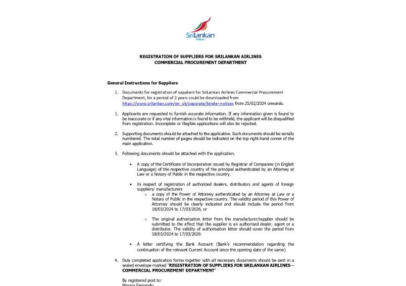 Registration of suppliers for Srilankan Airlines, Commercial Procurement Department