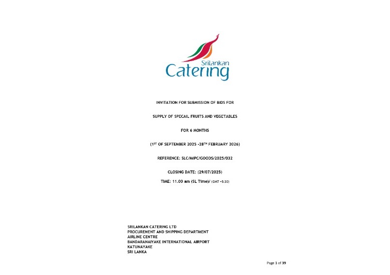 Invitations for Bids - Sri Lankan Catering Ltd