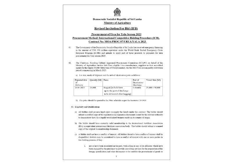 Ministry of Agriculture - Procurement of Urea for Yala Season 2023