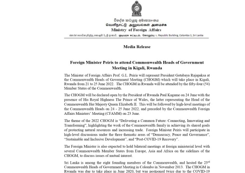 Foreign Minister Peiris to attend Commonwealth Heads of Government Meeting in Kigali, Rwanda