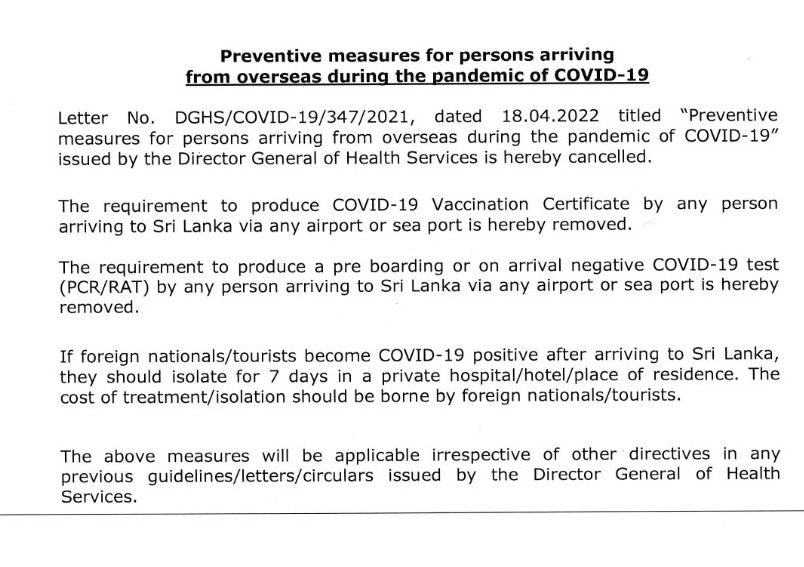 Updated COVID-19 - Entry Guidelines to Sri Lanka effective for the persons arriving in Sri Lanka via ports or seaports from 00 : 00 hrs of 07 December 2022.