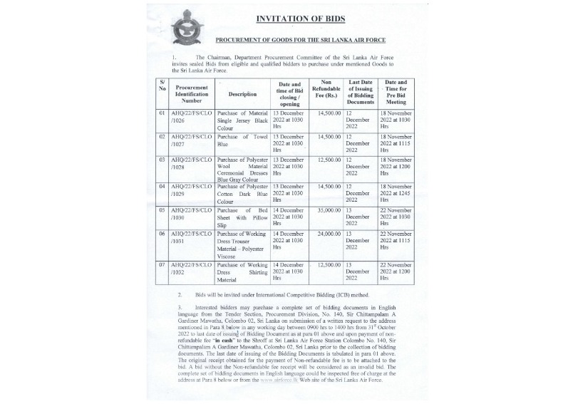 Procurement of Goods for the Sri Lanka Air Force