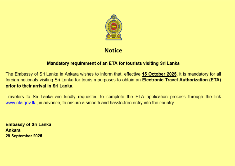 Notice - Mandatory requirement of an ETA for tourists visiting Sri Lanka