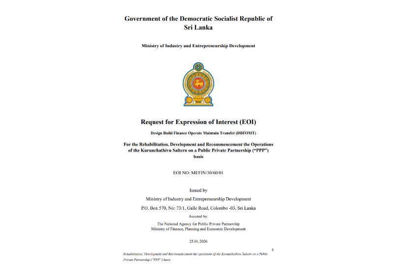 Call for EOI for the Design Build Finance Operate Maintain Transfer for the Rehabilitation, Development and Recommencement of the Operations of the Kurunchthivu Saltern on a Public Private Partnership