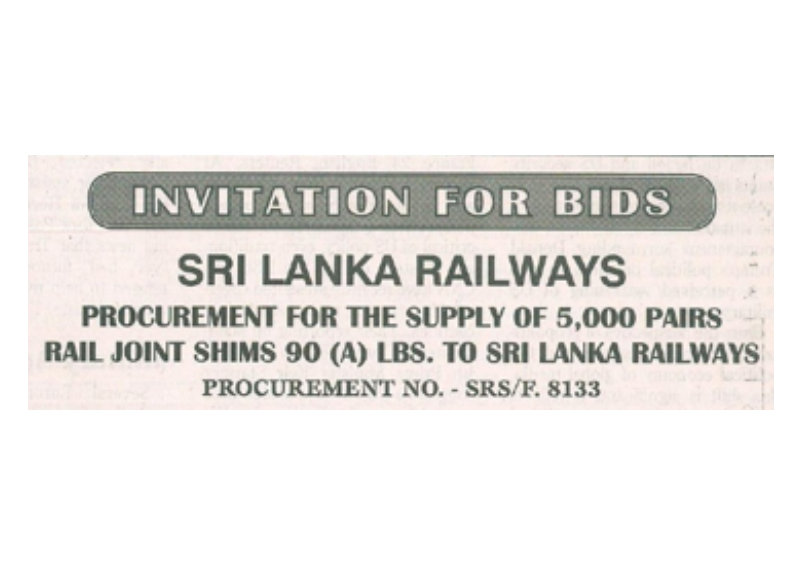Invitation for Bids (IFB) – Sri Lanka Railways Procurement for the Supply of 5000 Pairs Rail Joint Shims 90 (A) LBS. to Sri Lanka Railways Procurement No: SRS/F.8133