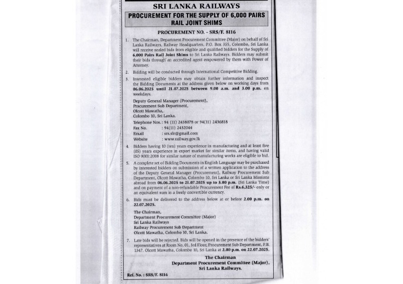 Sri Lanka Railways Procurement for the Supply of 6000 Pairs Rail Joint Schims Procurement No SRS-F 8116