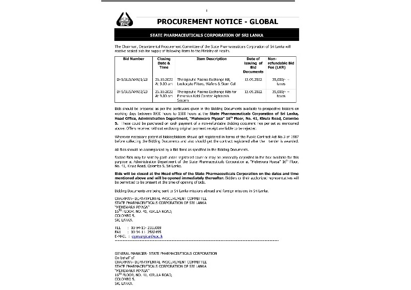 110.Procurement Notices-State Pharmaceuticals Corporation of Sri Lanka