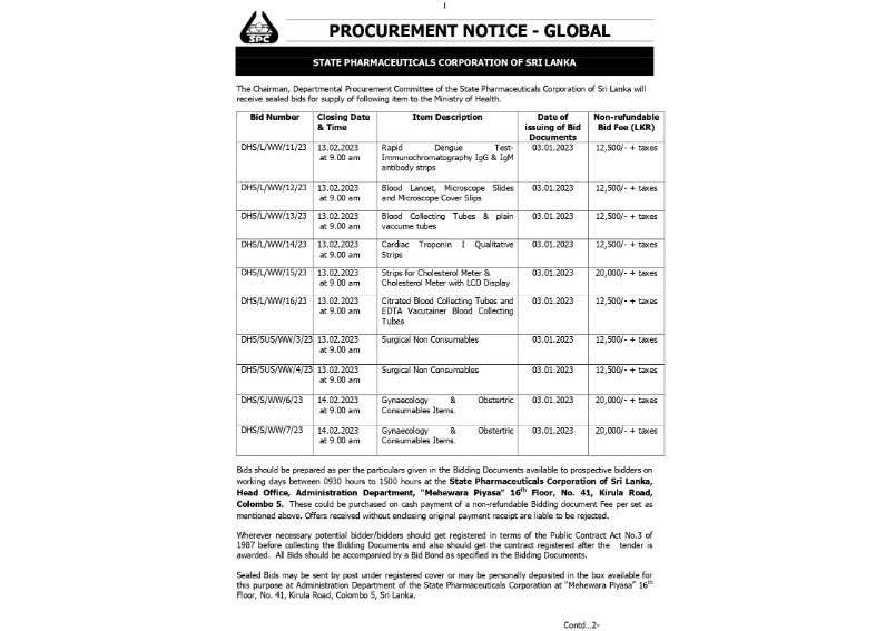 Procurement Notices - State Pharmaceuticals Corporation of Sri Lanka