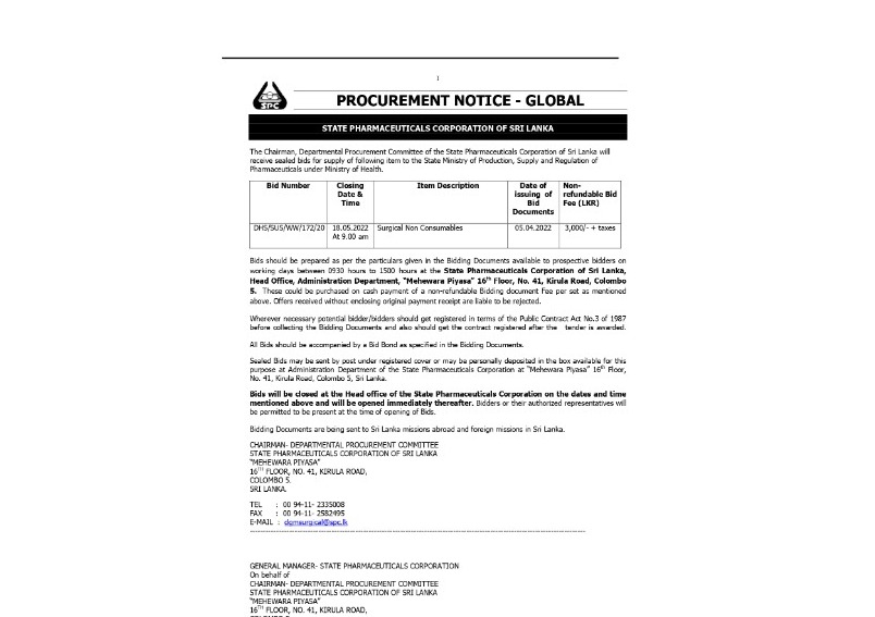 96 - Procurement Notices - State Pharmaceuticals Corporation of Sri Lanka