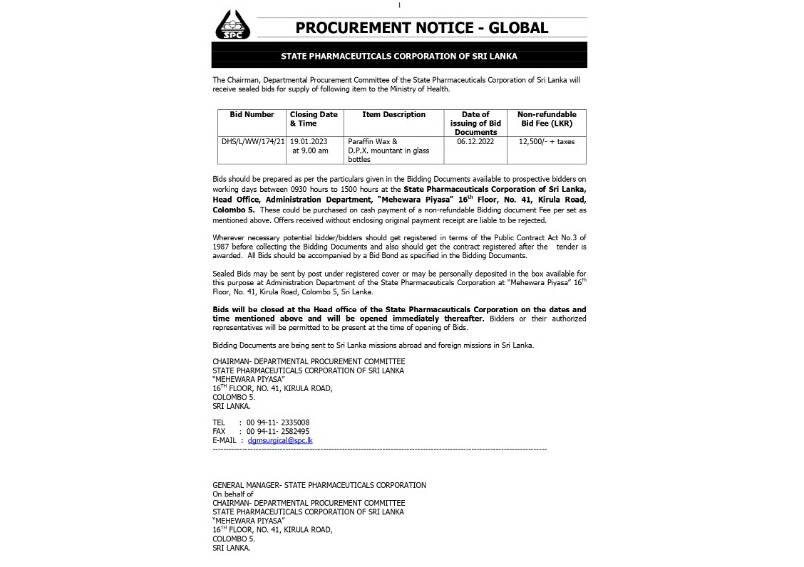 Procurement Notices - State Pharmaceuticals Corporation of Sri Lanka