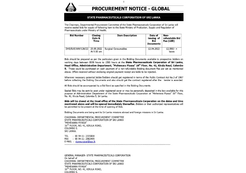 97 - Procurement Notices - State Pharmaceuticals Corporation of Sri Lanka