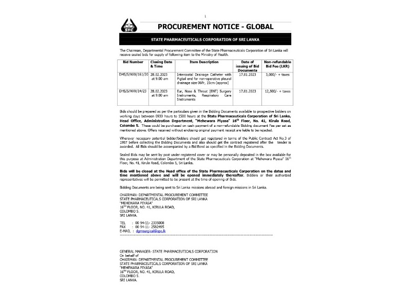 Procurement Notices - State Pharmaceuticals Corporation of Sri Lanka