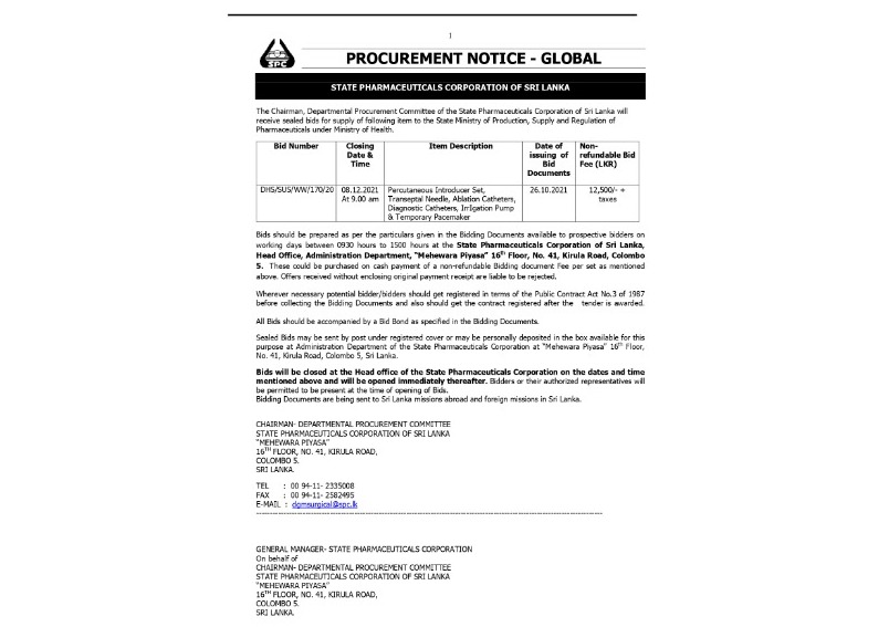 70 - Procurement Notice - State Pharmaceuticals Corporation of Sri Lanka