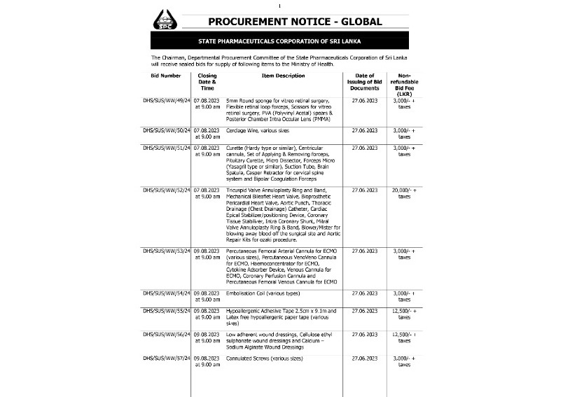 Procurement Notices - State Pharmaceuticals Corporation of Sri Lanka