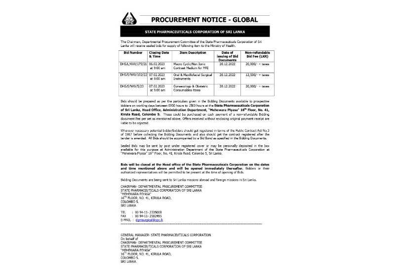 Procurement Notices - State Pharmaceuticals Corporation of Sri Lanka