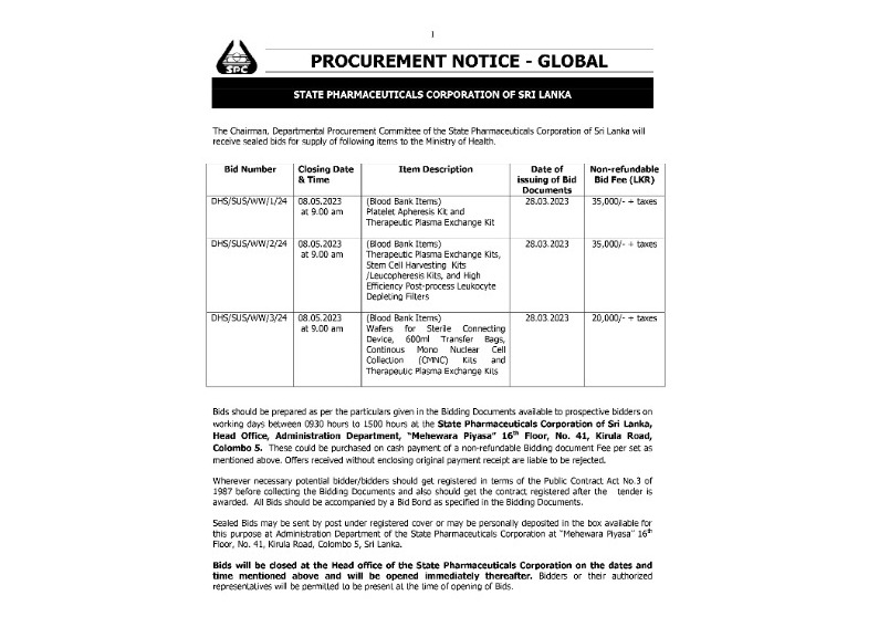 Procurement Notices - State Pharmaceuticals Corporation of Sri Lanka