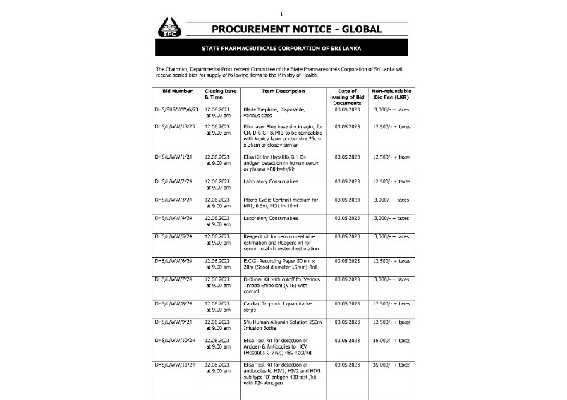 Procurement Notices - State Pharmaceuticals Corporation of Sri Lanka