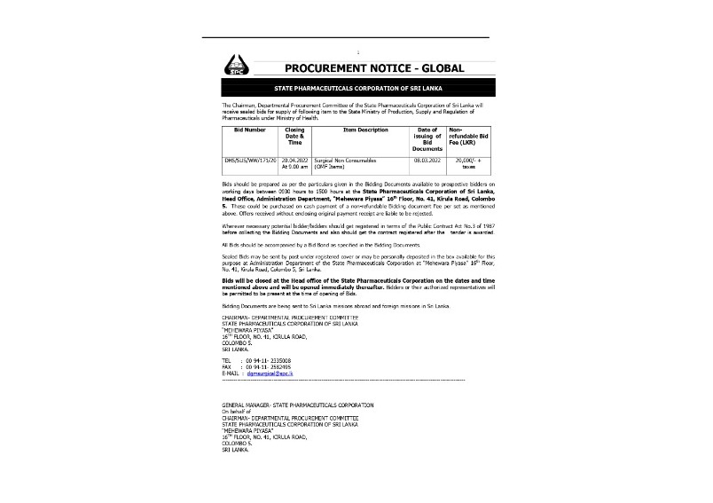 92 - Procurement Notice - State Pharmaceuticals Corporation of Sri Lanka